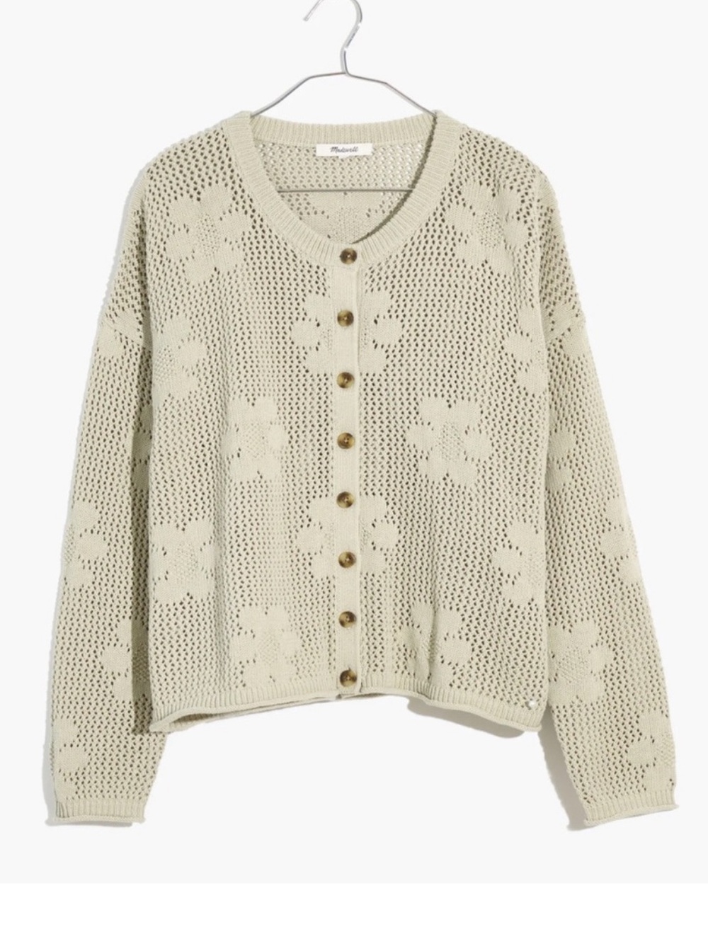Madewell Sage Green Floral Button Crochet Cardigan Sweater, size XL, NWOT